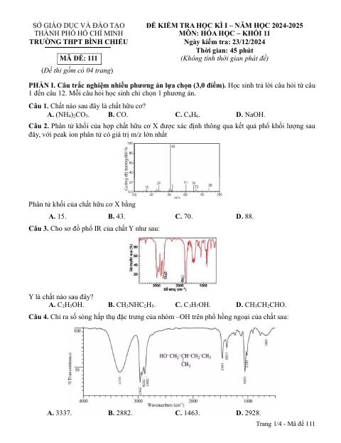 Đề thi Học kì 1 Hóa học 11 năm 2024-2025 trường THPT Bình Chiểu (TP Hồ Chí Minh)